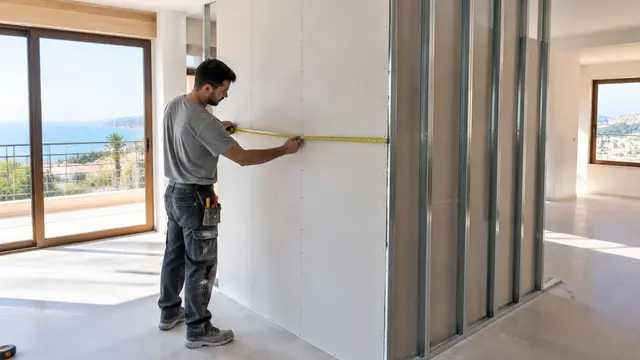 Instalador midiendo un tabique de pladur recién montado en una vivienda del Mar Menor